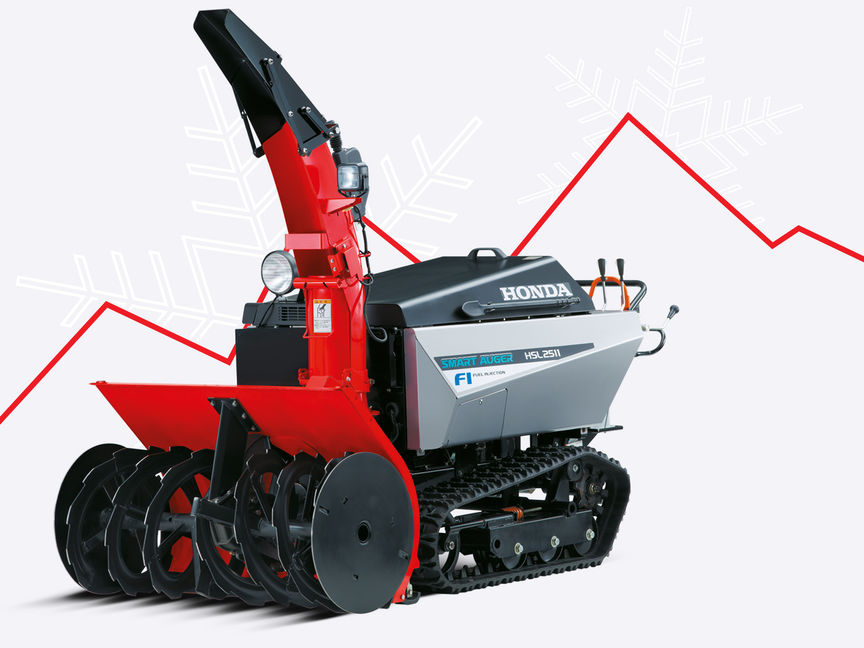 Gauche : vue de trois quarts avant gauche de la fraise à neige à moteur à injection.